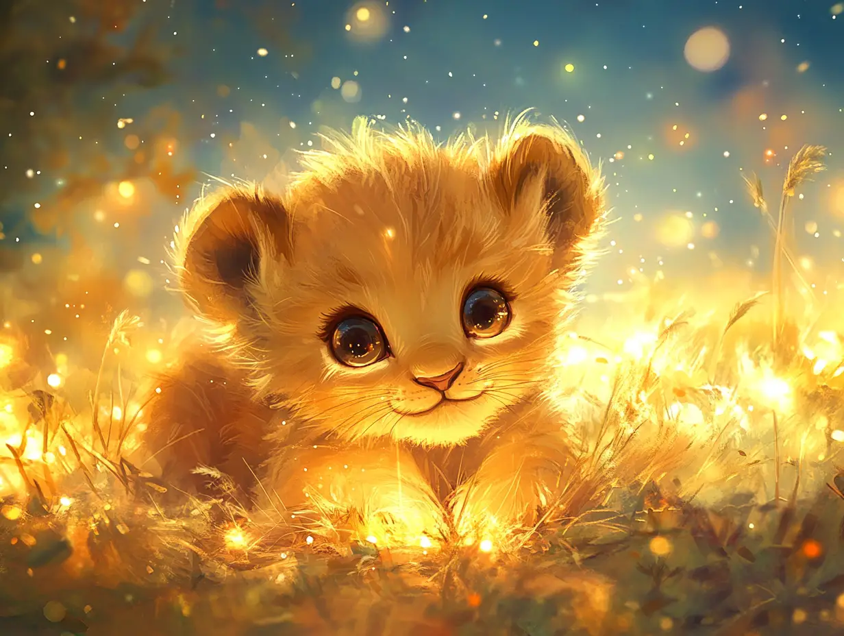 Niedliches Löwenbaby, das in einer traumhaften Savannennacht leuchtet