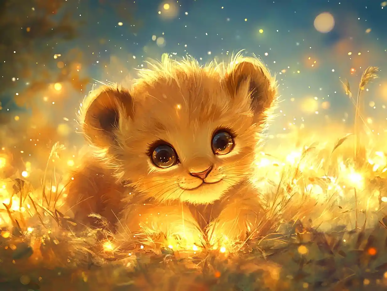 Adorable baby lion cub glowing on dreamy savanna night