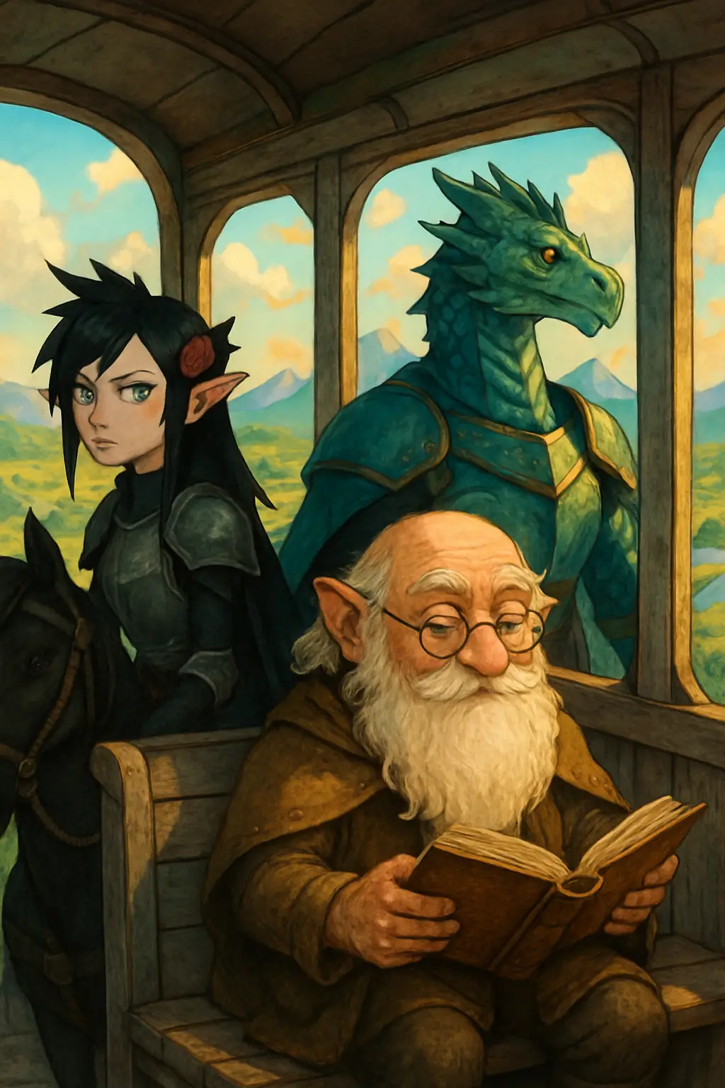Whimsical fantasy bus with dwarf reader and dragon warrior