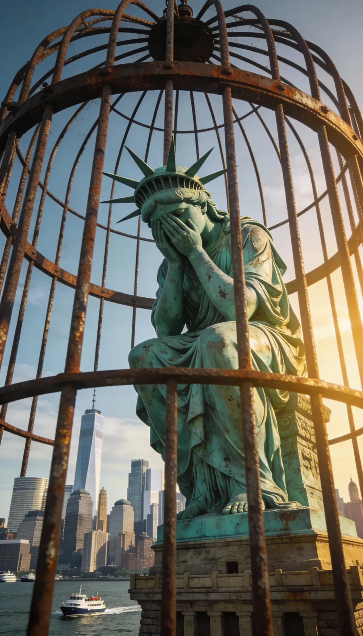 Estatua de la Libertad Enjaulada con Vista al Puerto de Nueva York
