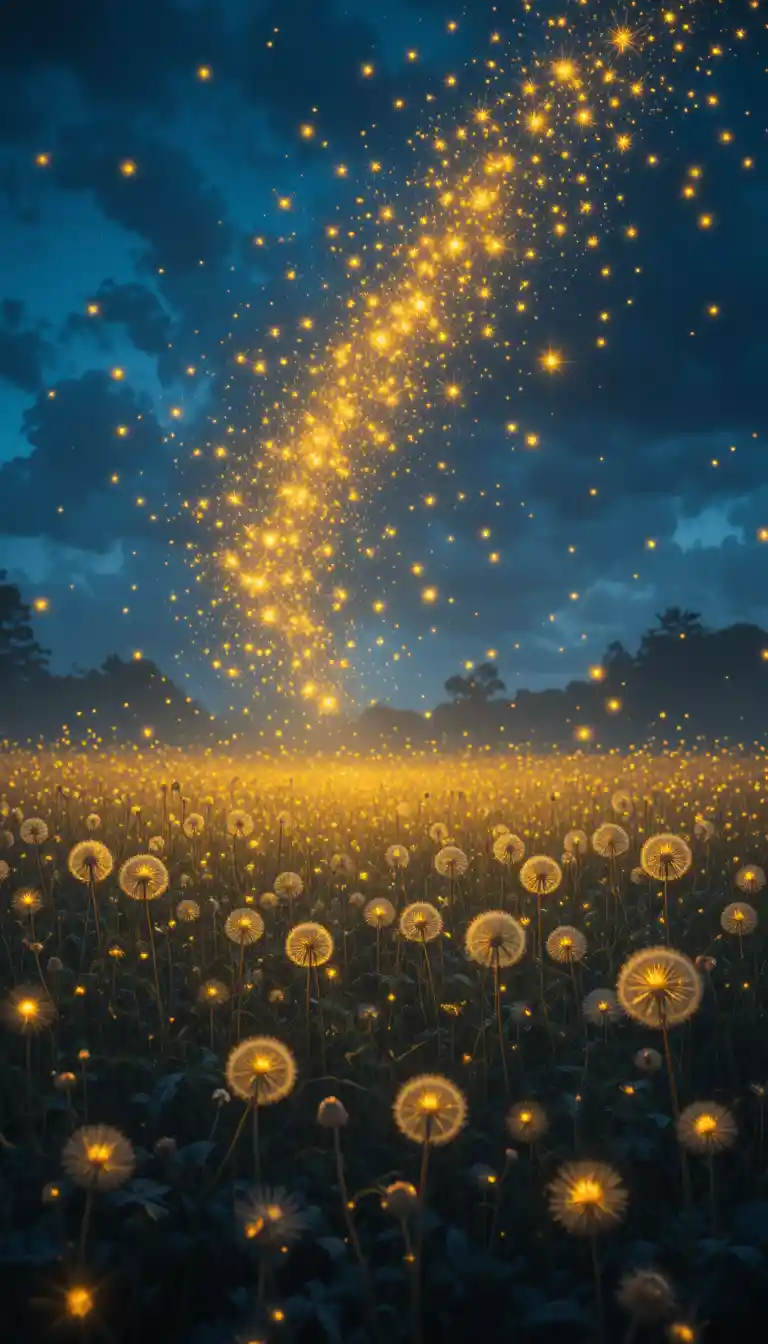 Graines de Pissenlit Lumineuses S’élevant dans un Ciel au Crépuscule