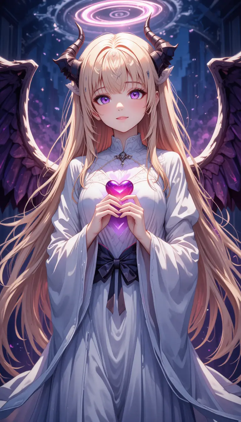 Garota de anime loira sorridente com asas de anjo e demônio