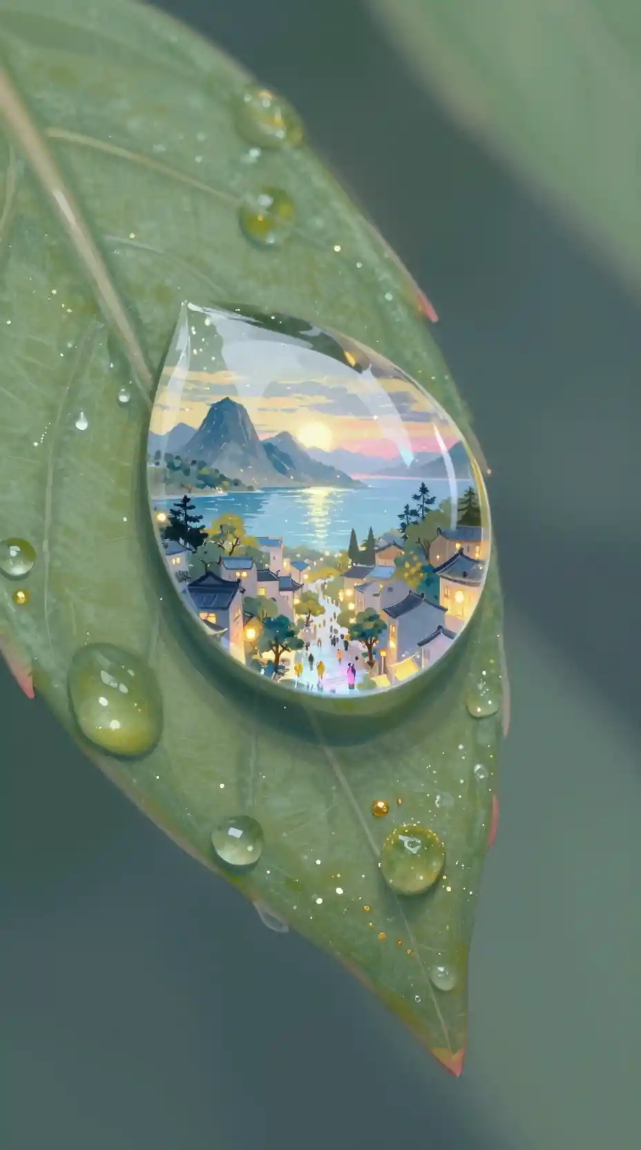 Close up crystal dewdrop revealing a tiny fantasy world