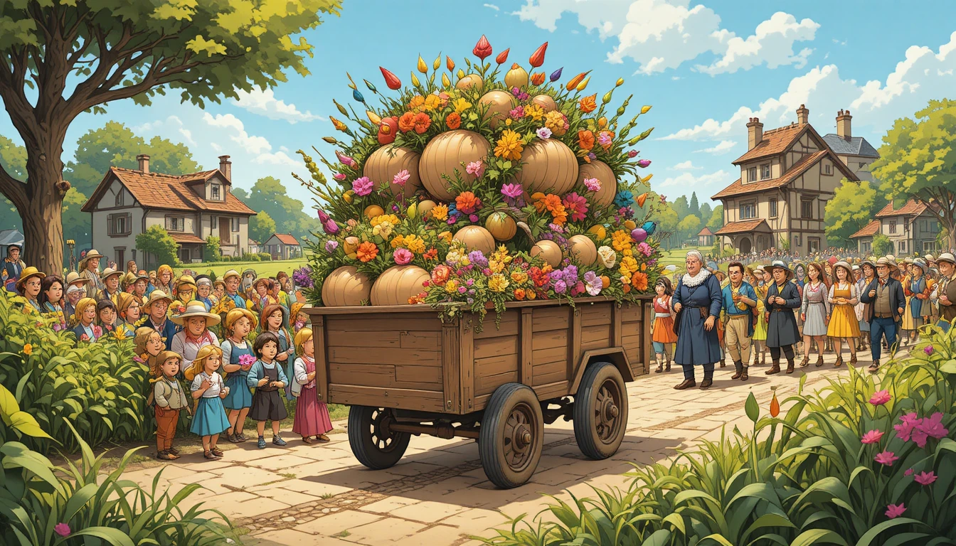 Fröhliche Ernteparade auf dem Land mit Bauern und Kindern