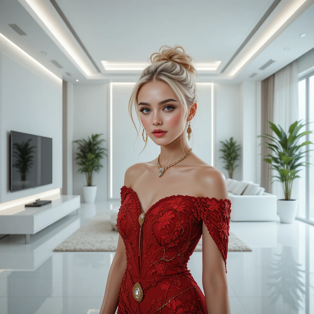 Blonde woman in red dress in minimalist white living room