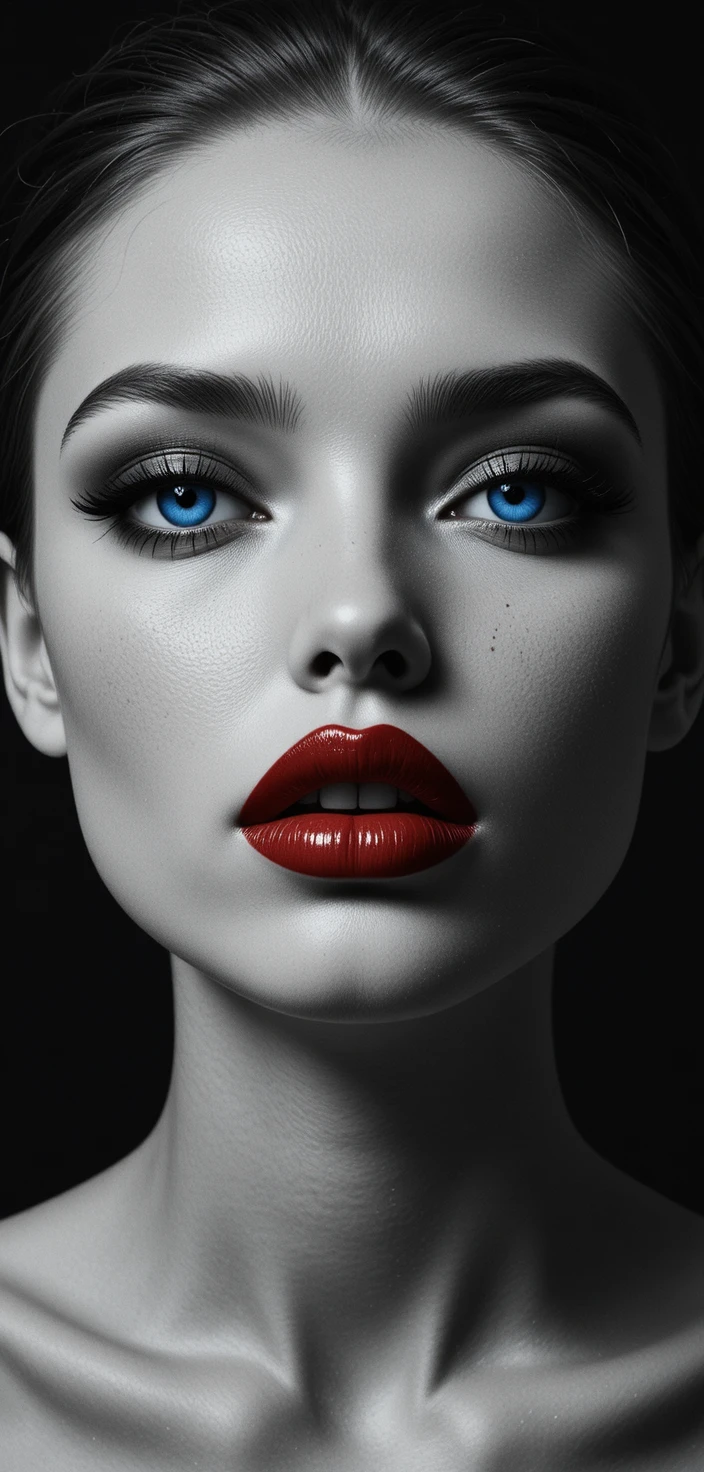 Close up of glowing blue eyes and red lips in darkness