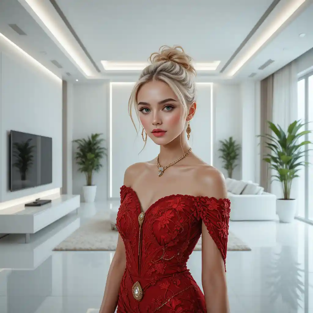 Donna bionda in abito rosso in soggiorno bianco minimalista