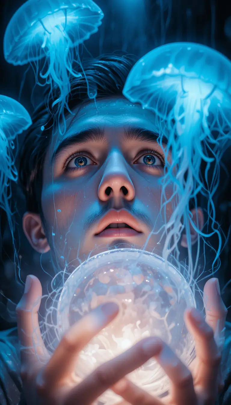 Uomo che tiene in mano una medusa luminosa in una tranquilla scena urbana