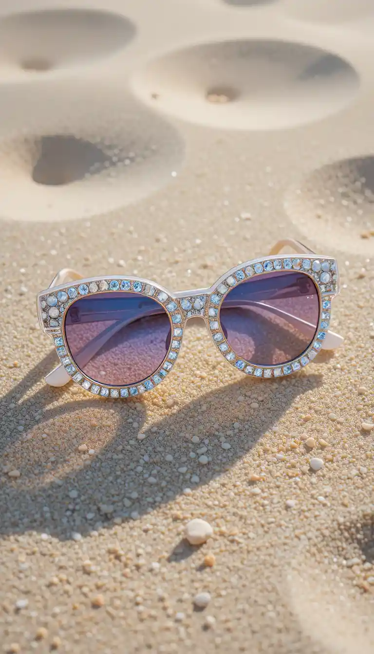 Gafas de sol de cristal con gemas sobre arena de playa bañada por el sol