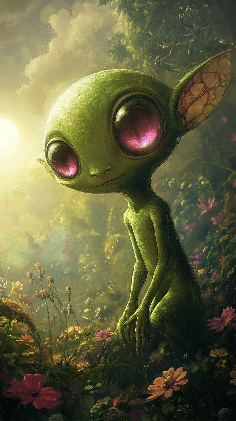 Alien cautivado por un humano en un exuberante valle de fantasía