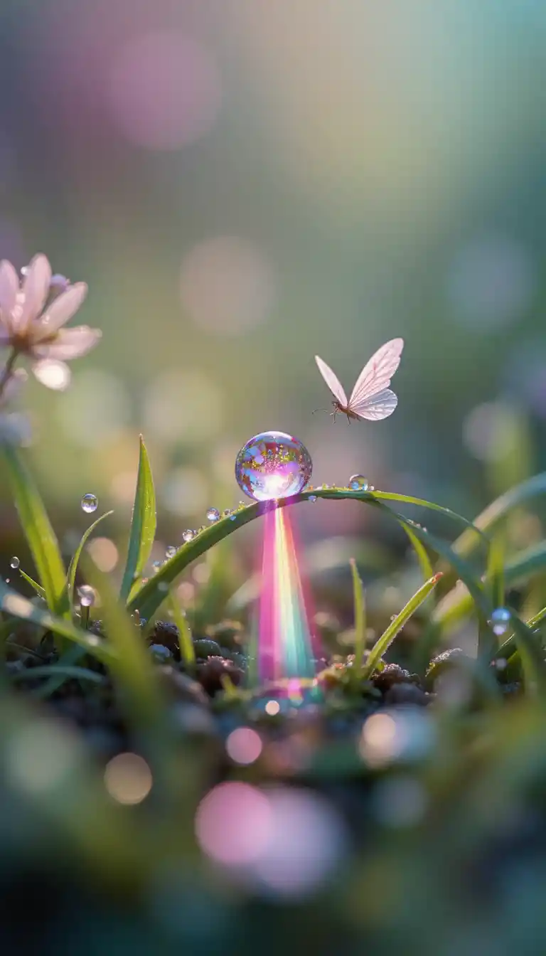 Single Dewdrop Prism Casting Rainbow On Soft Grass