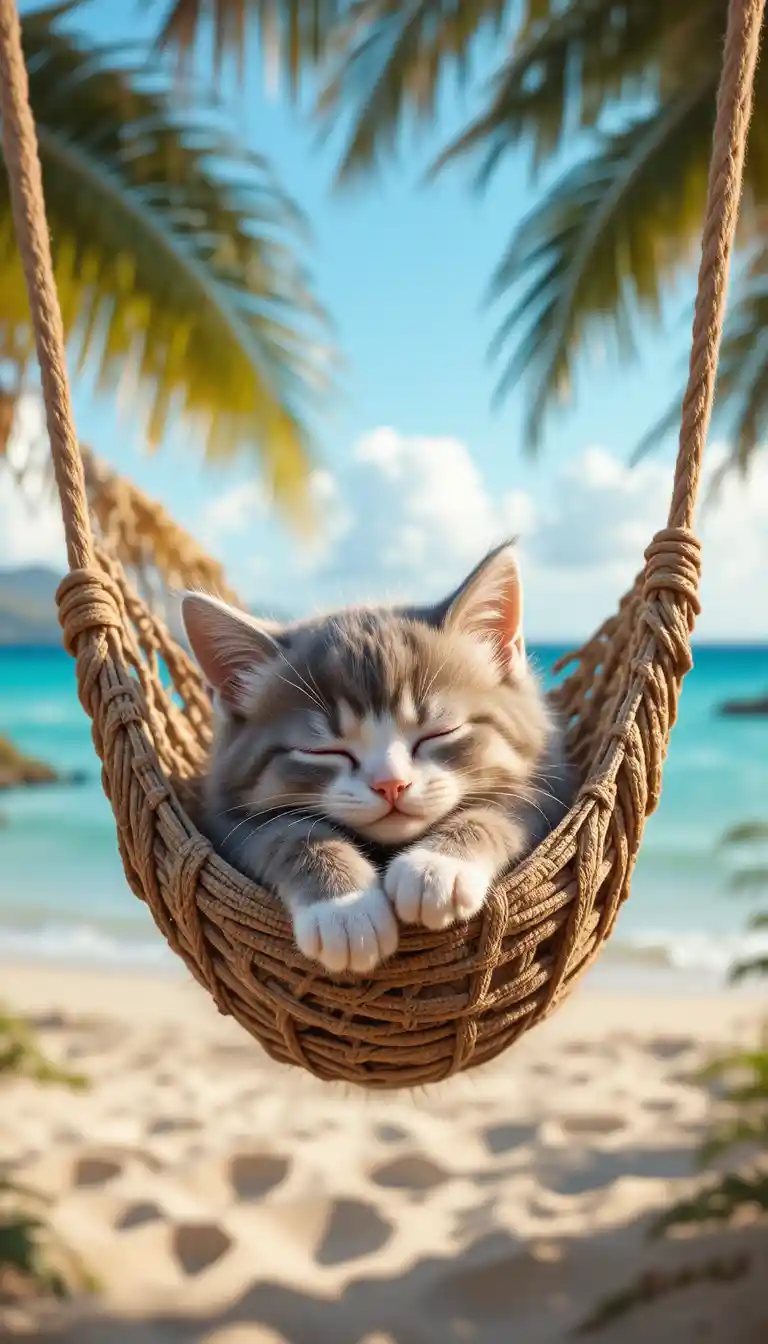 Chaton endormi dans un hamac tissé sur une plage tropicale