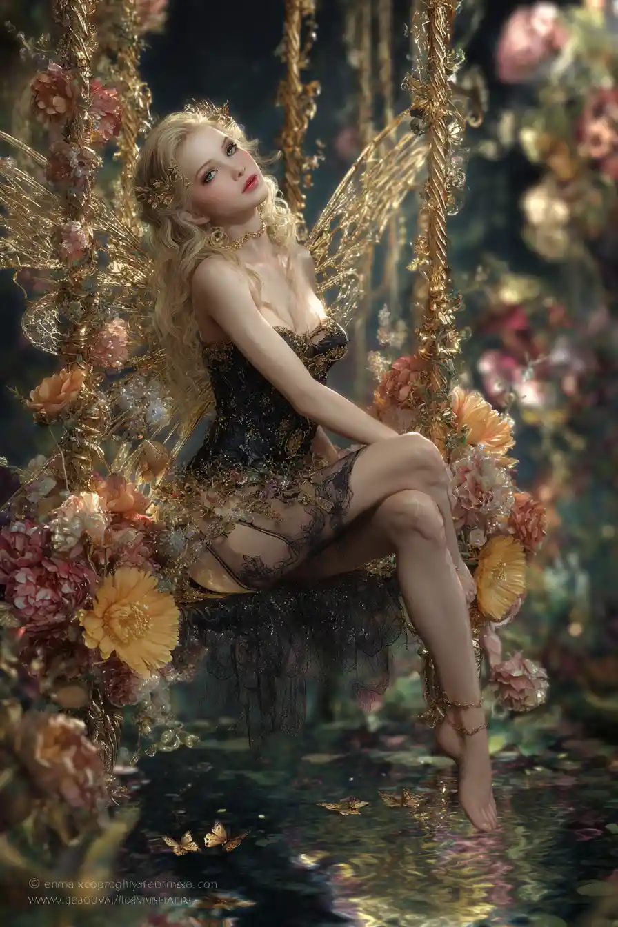 Golden haired fairy on ornate swing above reflection pond