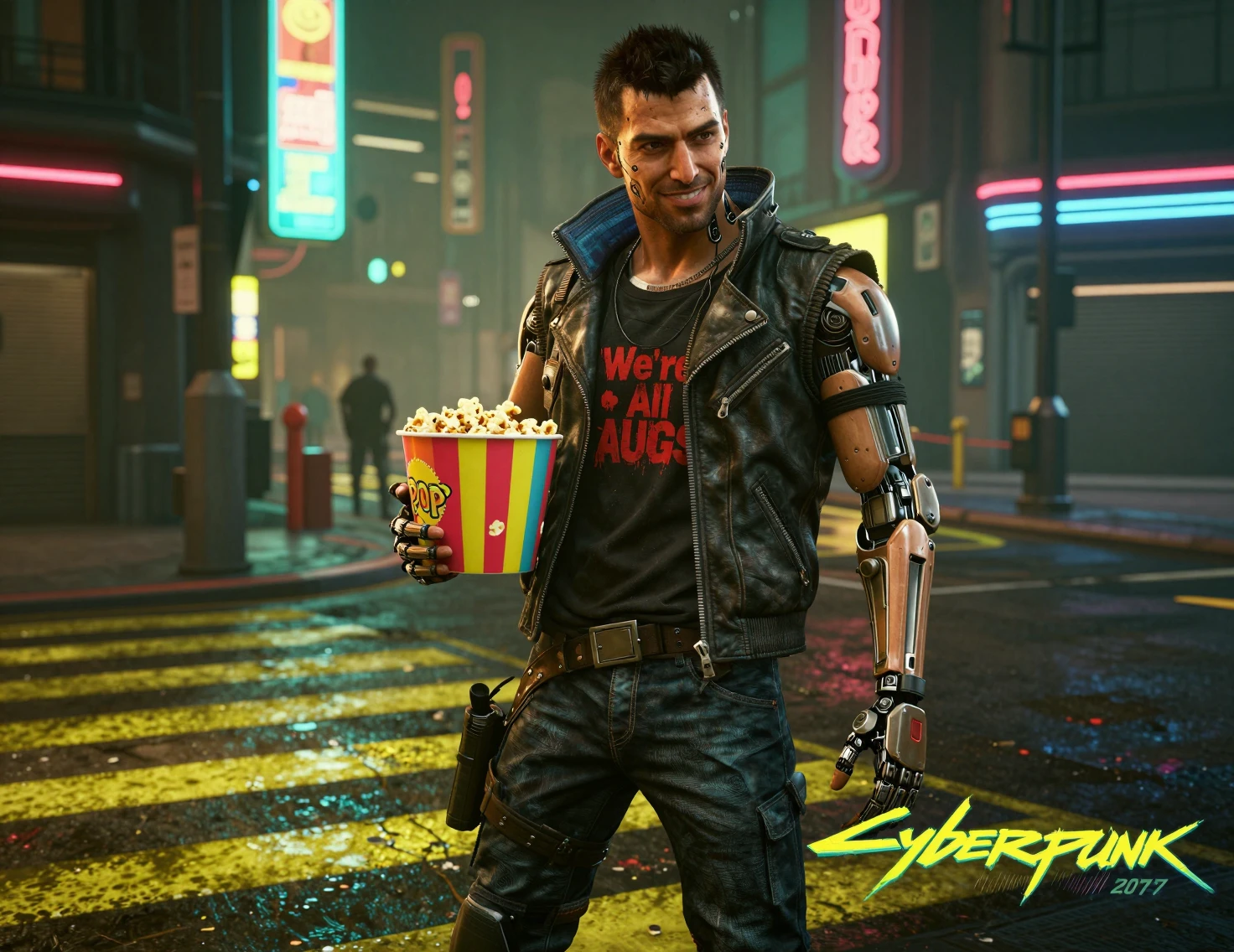 Cyberpunk man with popcorn on neon city street
