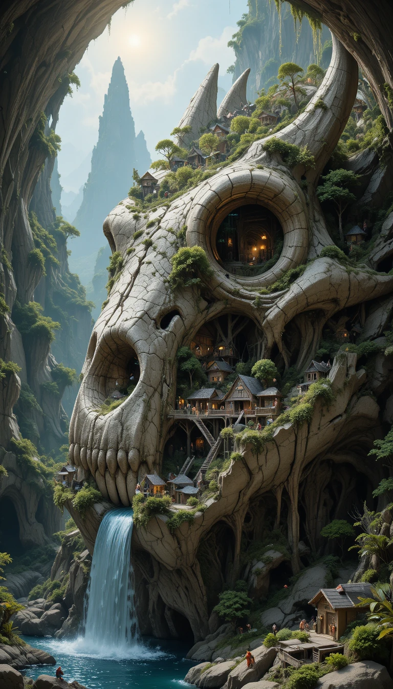 Villaggio in Miniatura Dentro del Cranio di un Drago Caduto