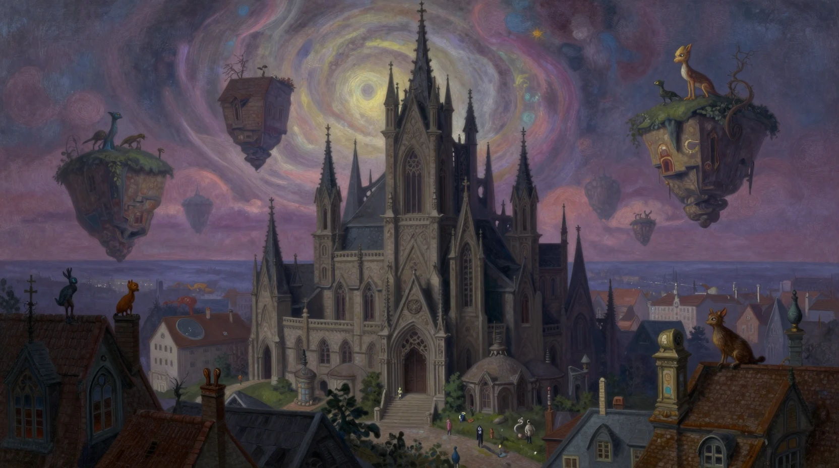 Surreal gothic city twisting into impossible dreamlike forms