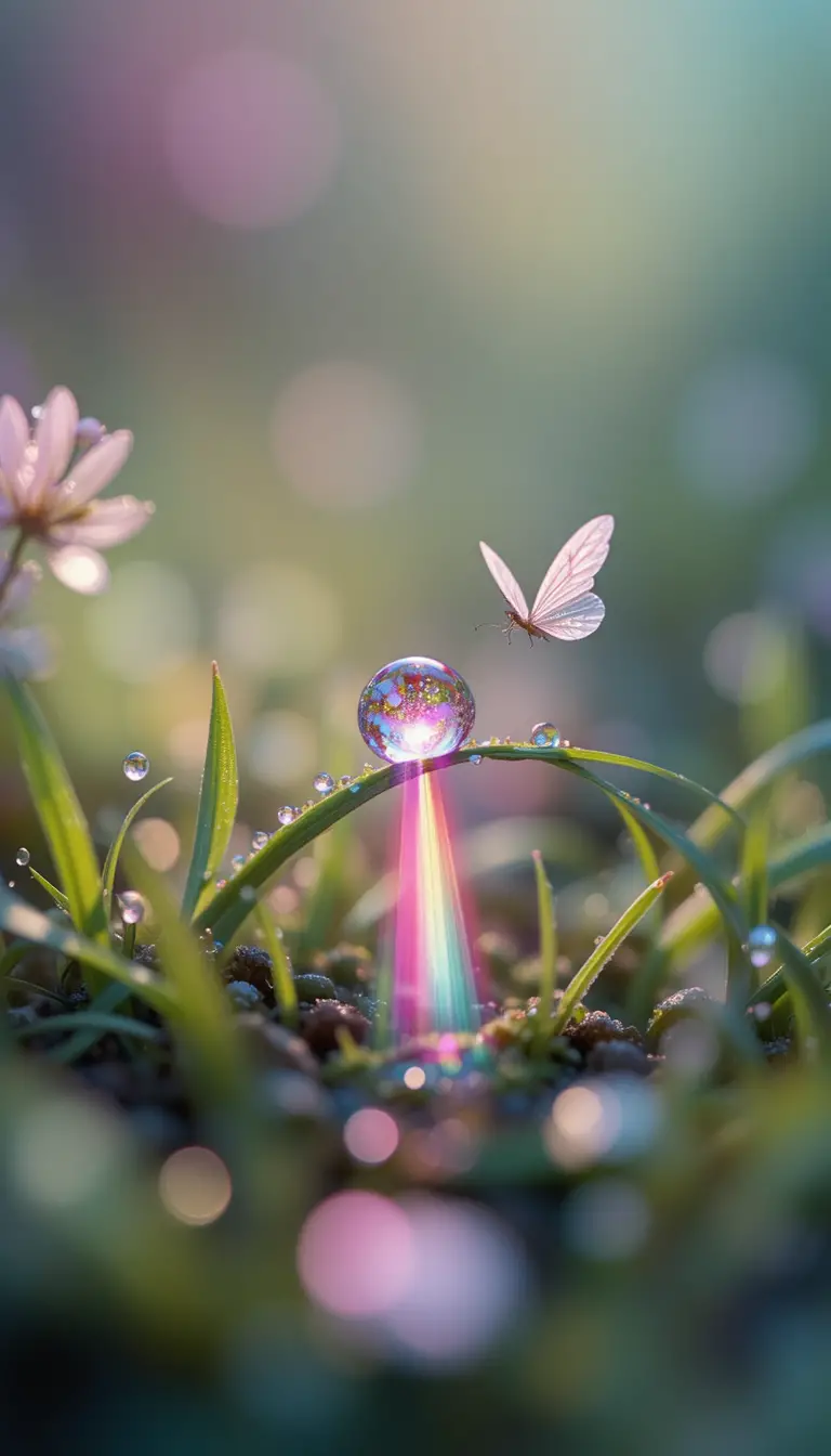 Single Dewdrop Prism Casting Rainbow On Soft Grass