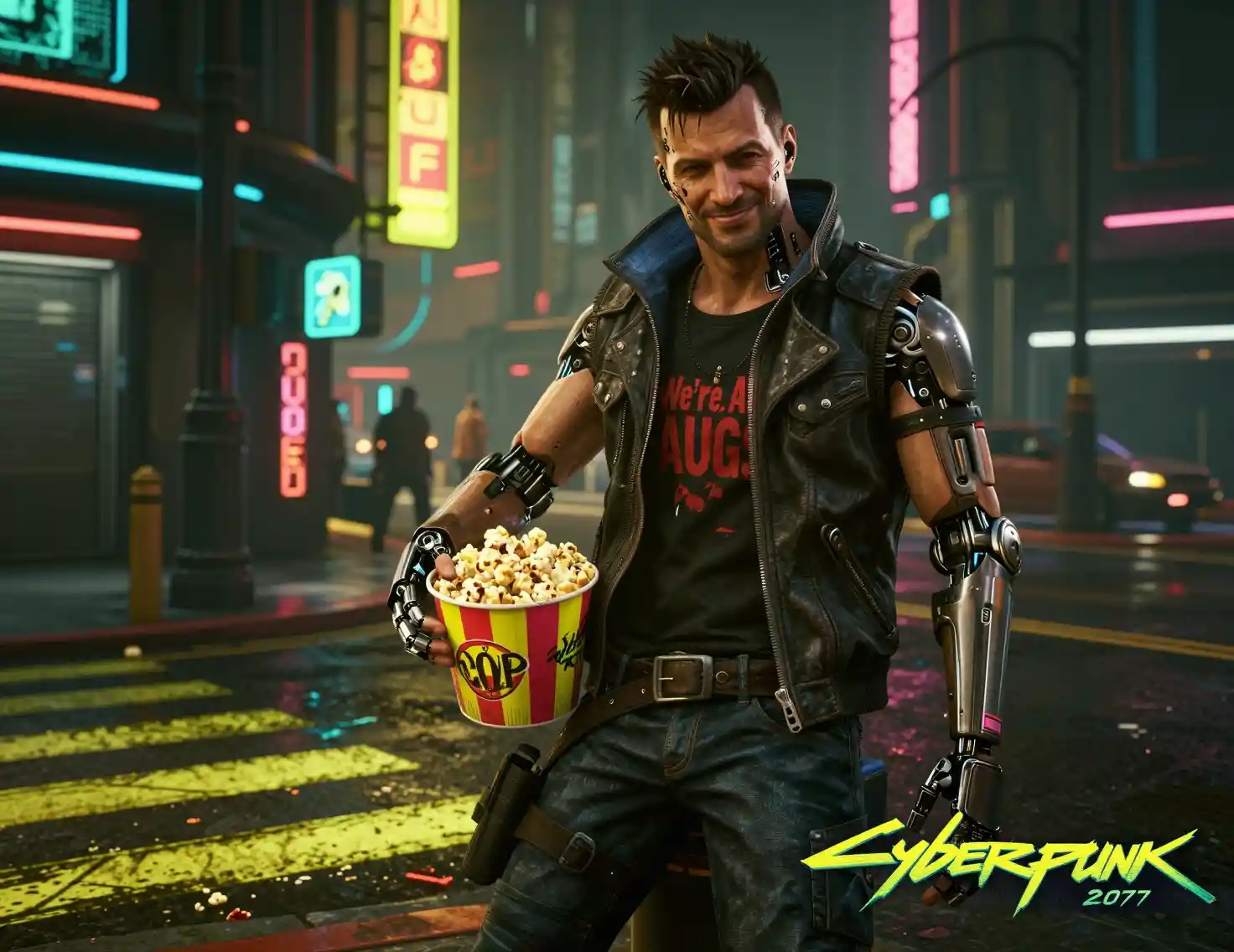 Homem cyberpunk com pipoca em rua neon da cidade
