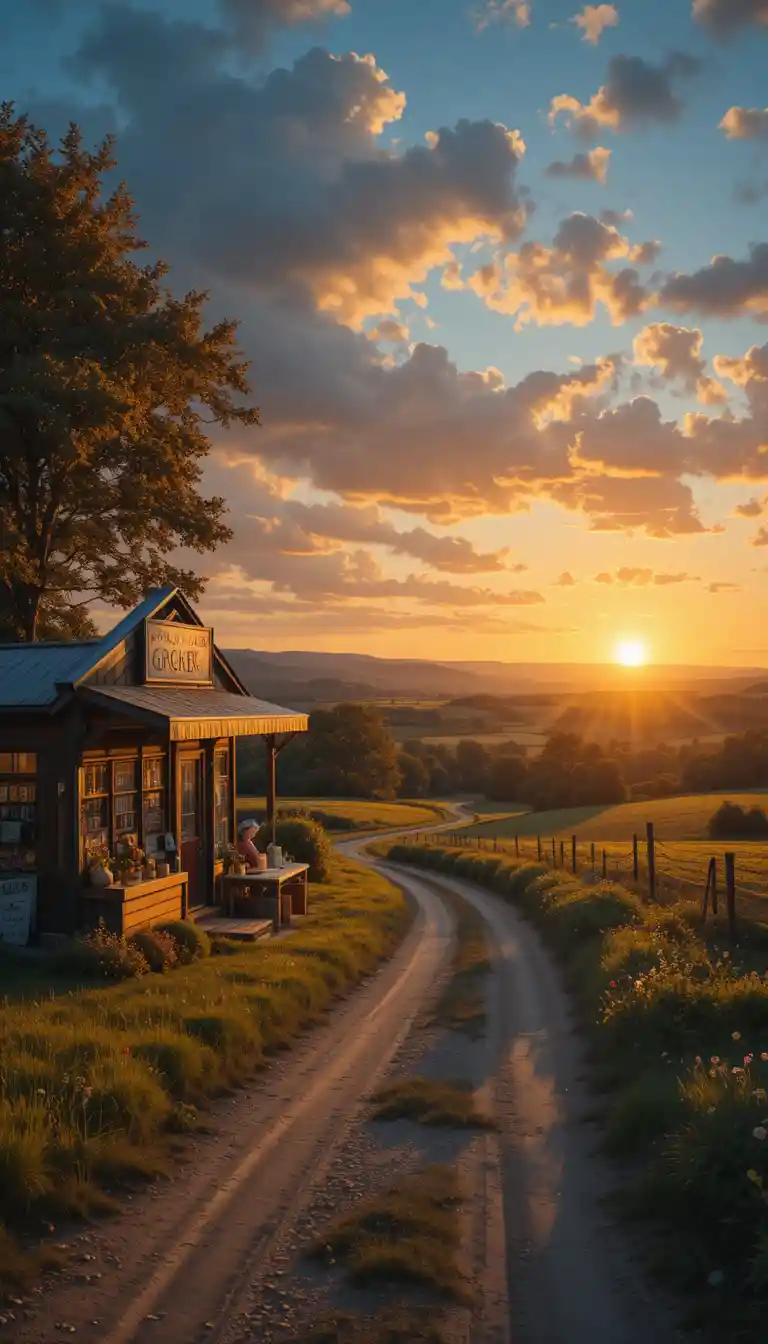 Small countryside grocer along a glowing sunset dirt road