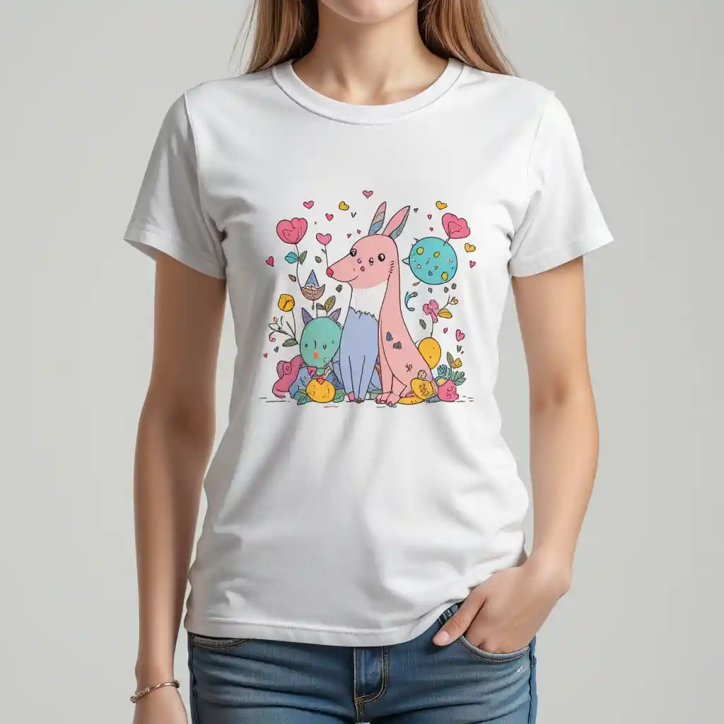 Playful womens graphic t shirt with cute pastel illustration
