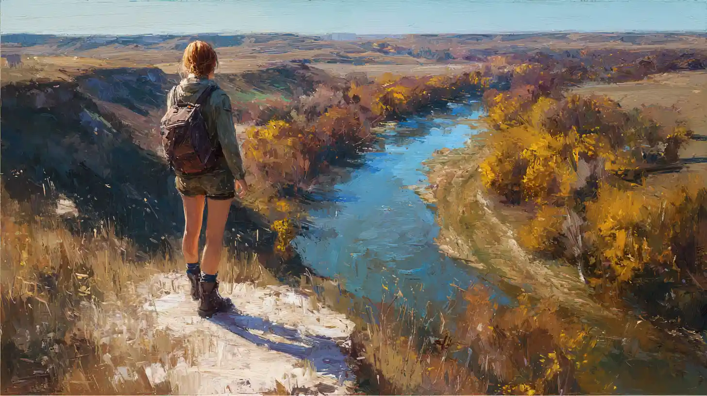 Wanderin mit Blick auf den Niobrara River in warmem Goldenen Licht