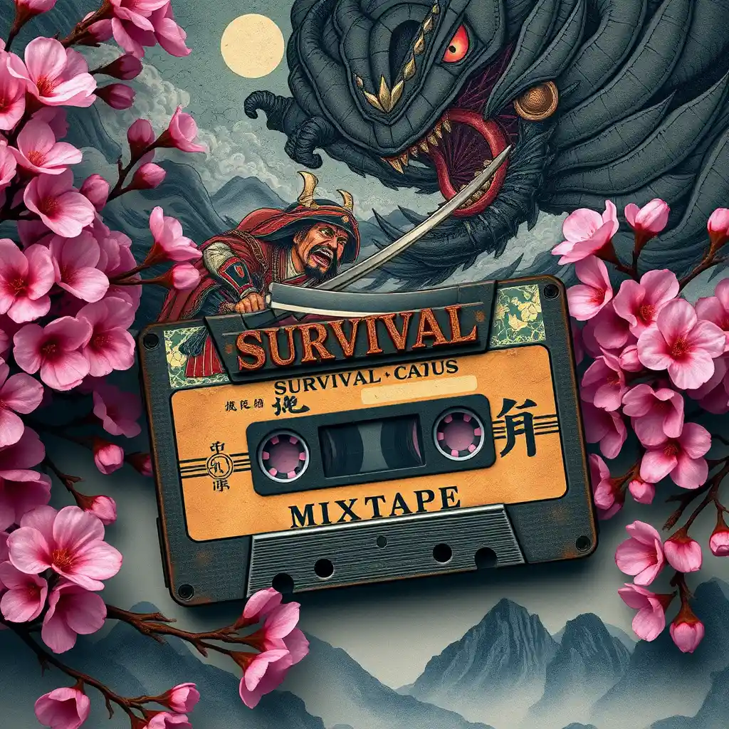 Vintage cassette tape among bright pink cherry blossoms