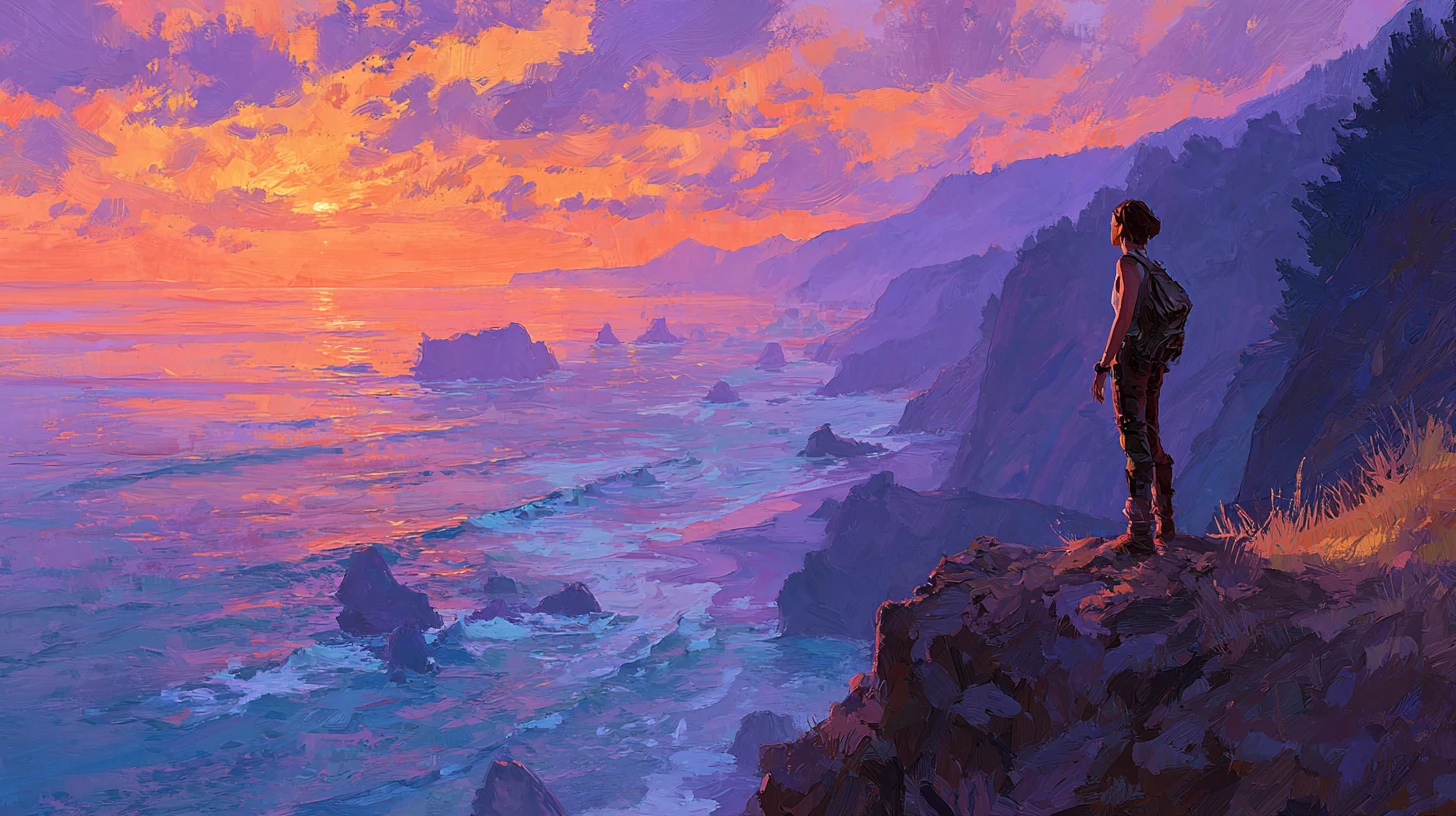 Hiker on a coastal cliff at sunset in watercolor style