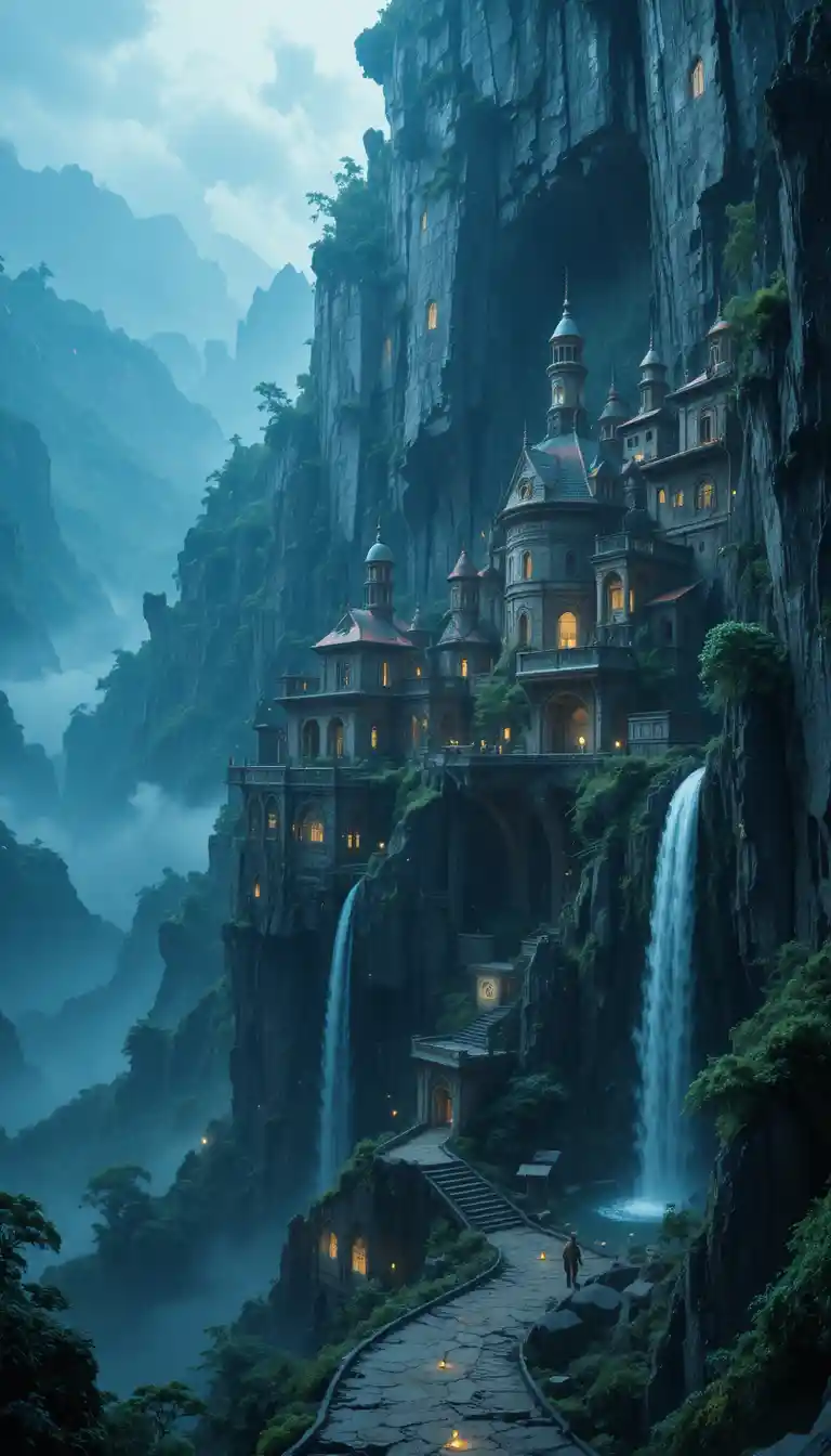 Antica città fantasy scolpita in una ripida parete rocciosa
