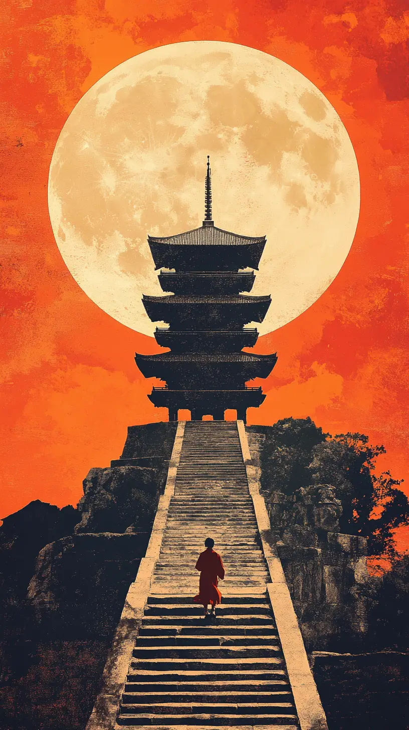 Japanischer Reisender, der steinerne Stufen zu einer mondbeschienenen Pagode hinaufsteigt