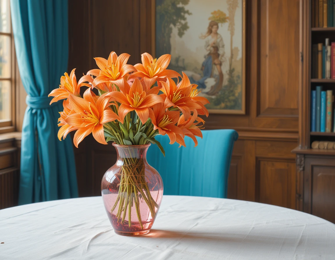 Lebhaftes Lilienbouquet in einer rosa gestreiften Glasvase