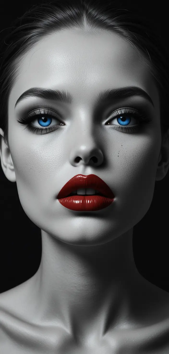 Close up of glowing blue eyes and red lips in darkness
