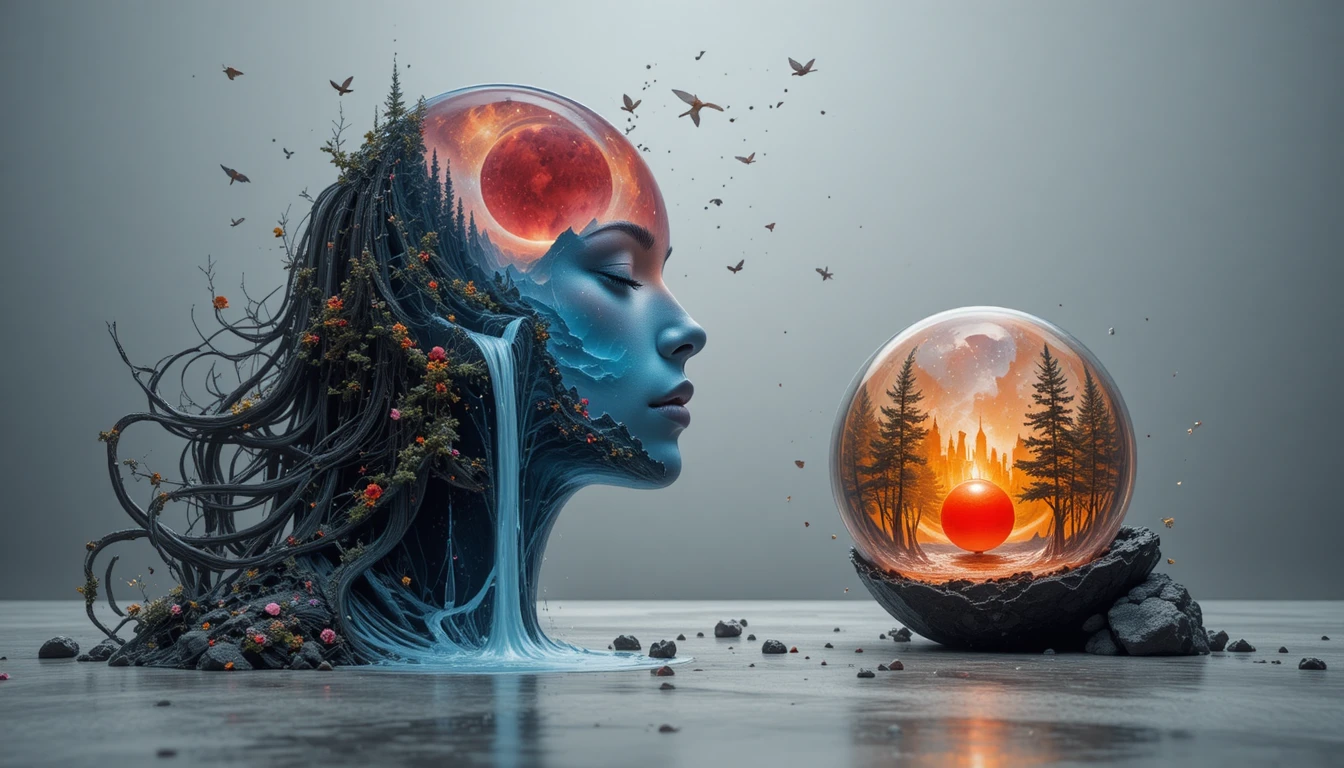 Retrato Onírico de Mulher com Cabelo em Forma de Cachoeira ao Nascer do Sol