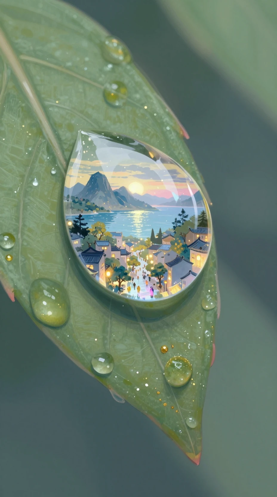 Close up crystal dewdrop revealing a tiny fantasy world