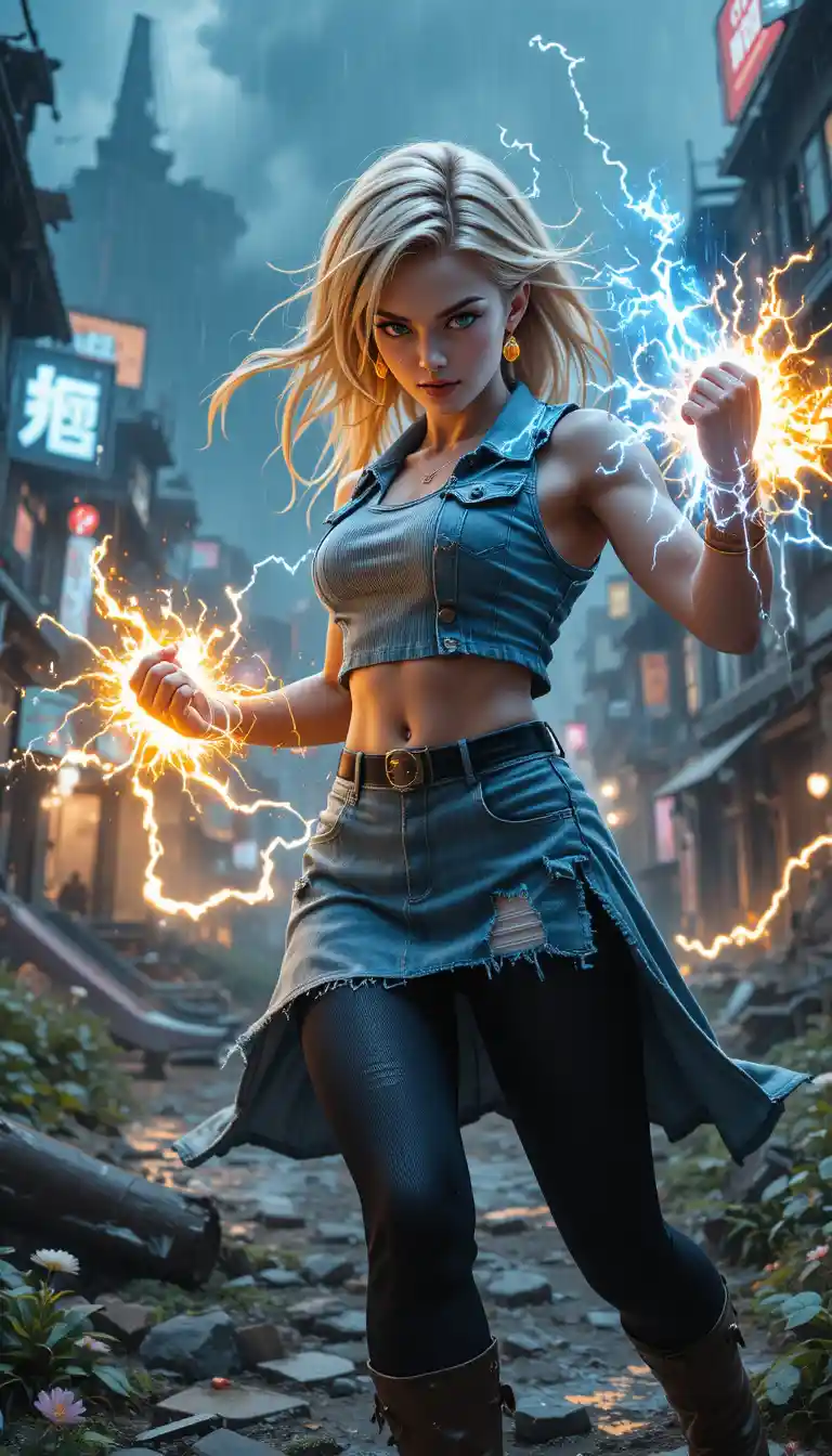 Battle ready anime woman with glowing electric aura