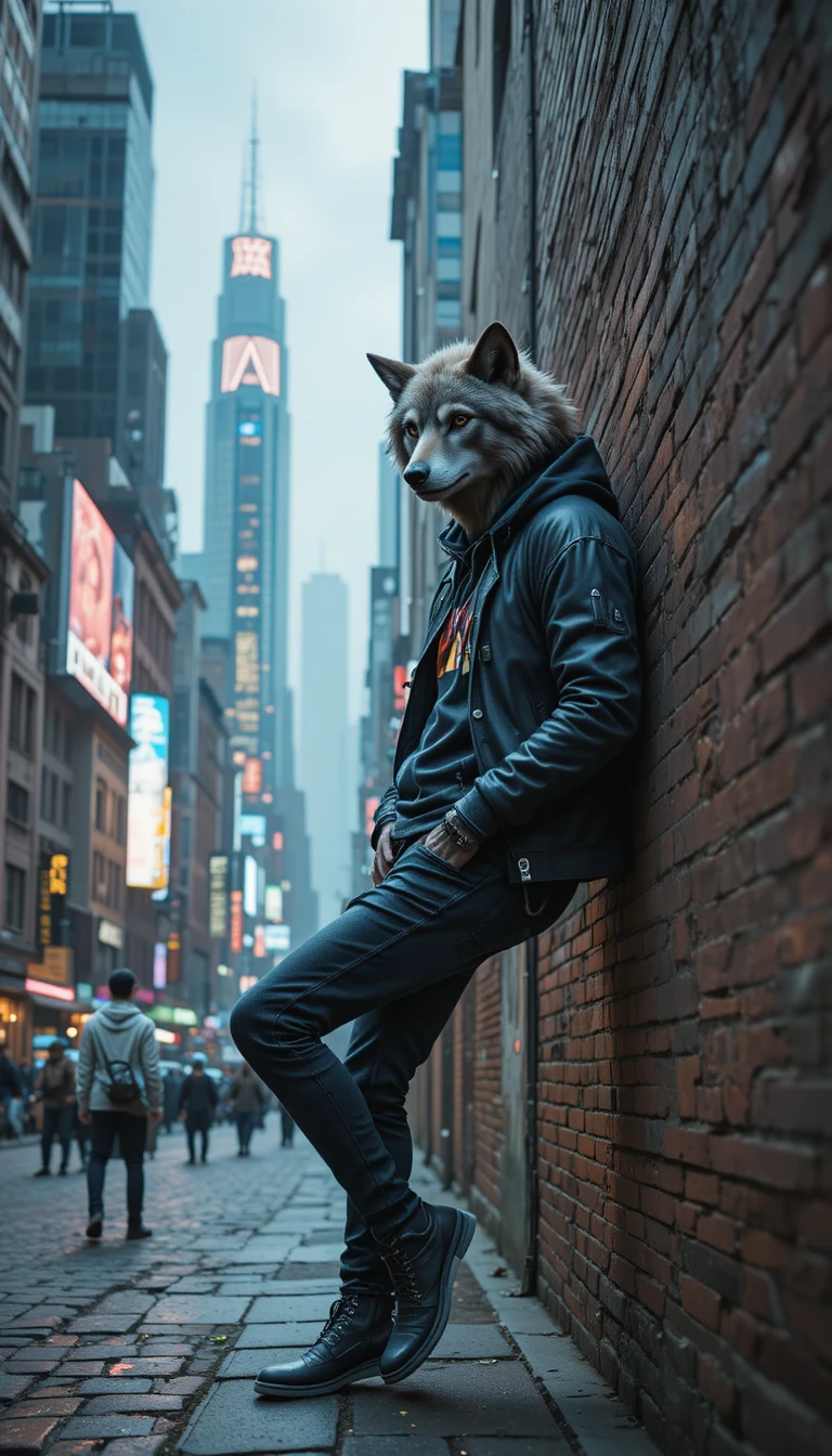 Loup anthropomorphe en hoodie dans une rue de ville éclairée au néon