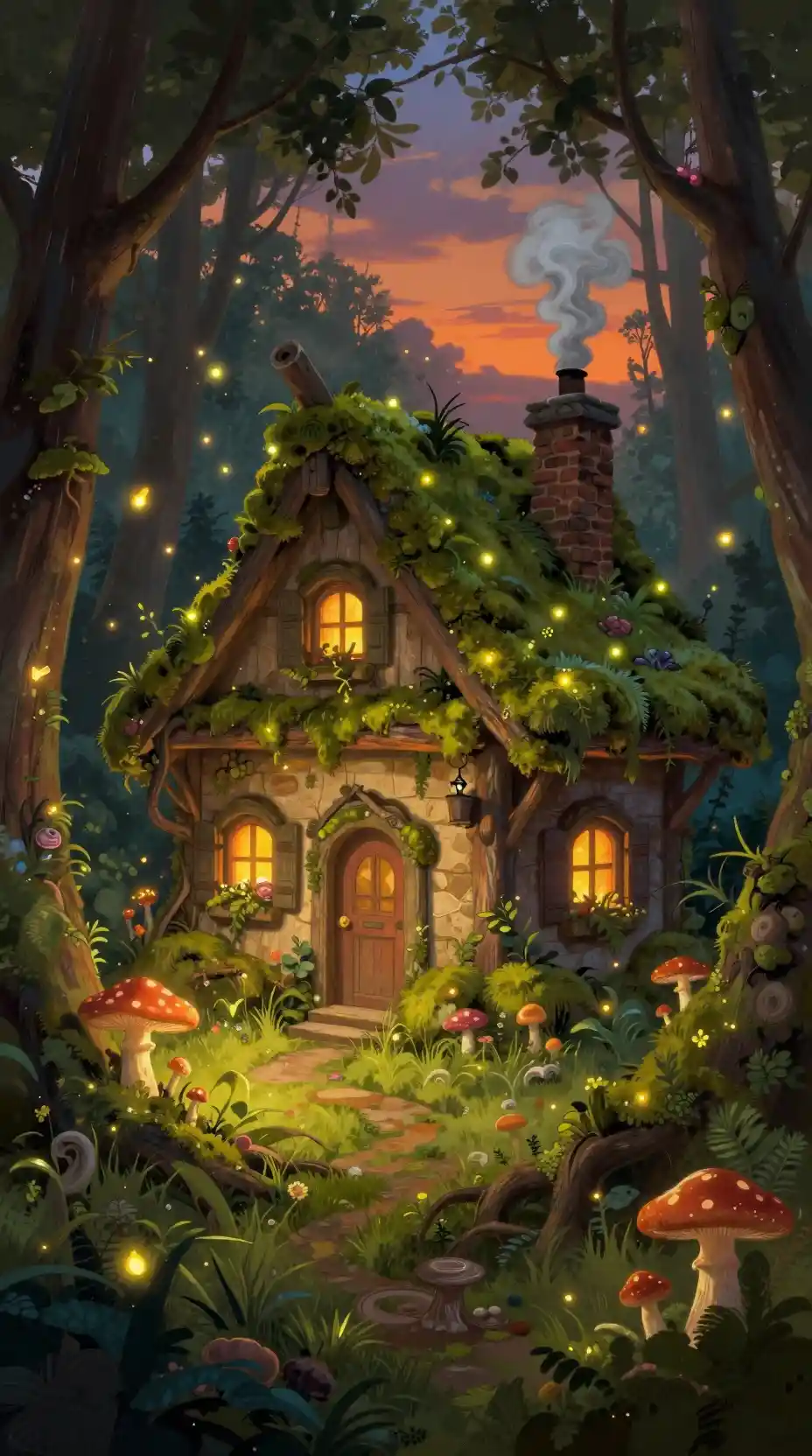 Enchanted Forest Cottage At Twilight With Fireflies