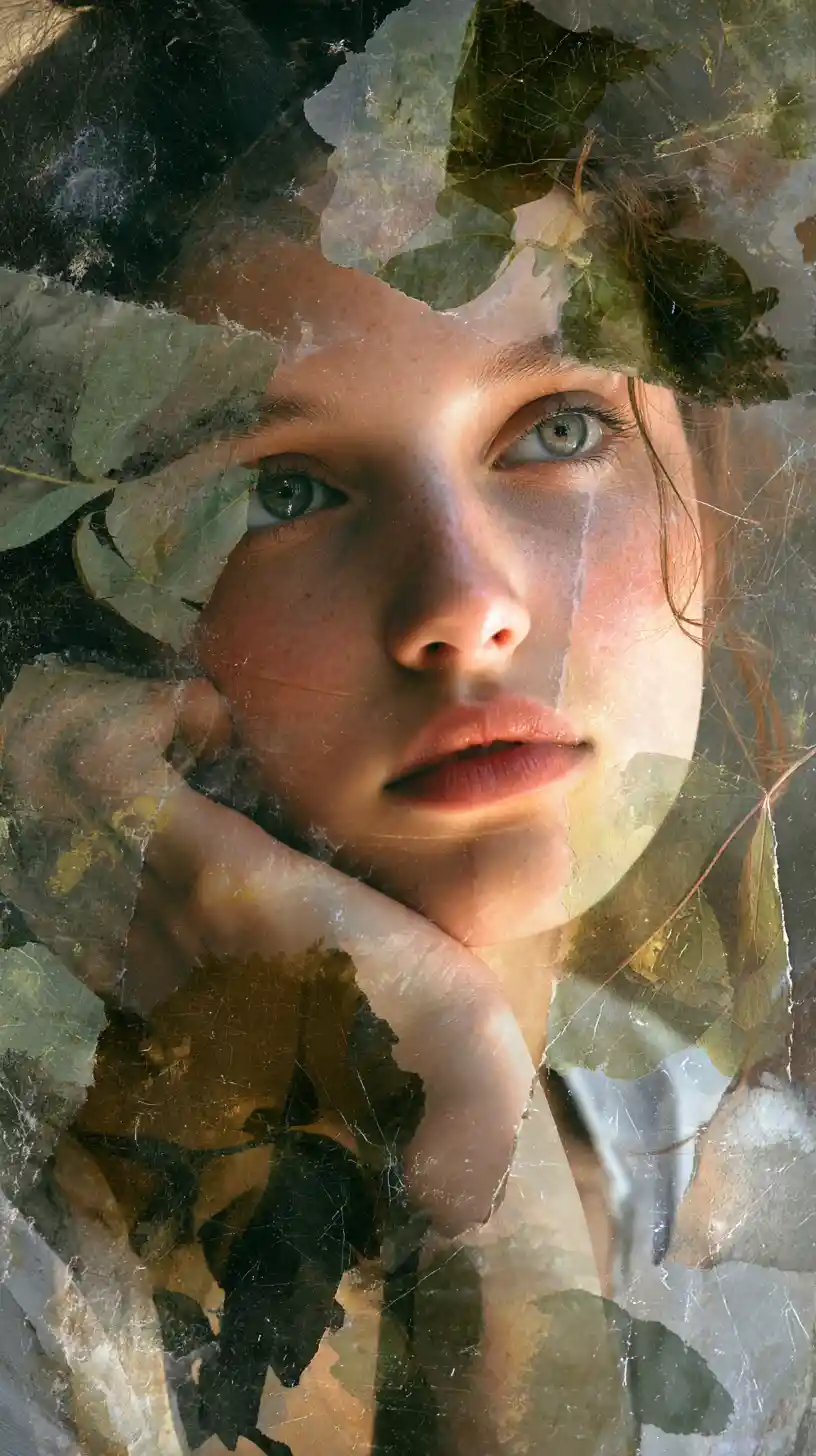 Young girl portrait in layered botanical collage art