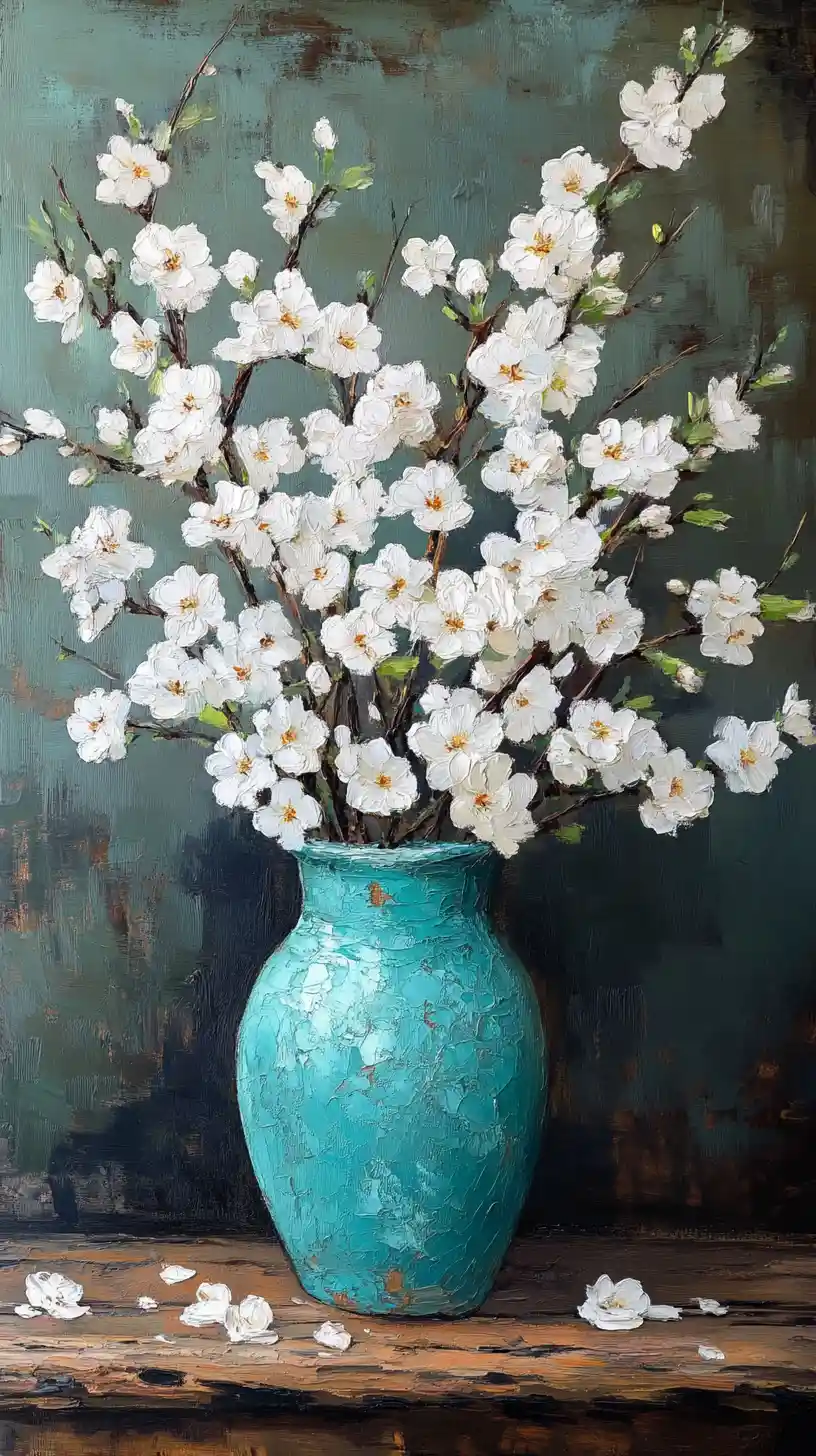 White cherry blossoms in turquoise vase on wooden table
