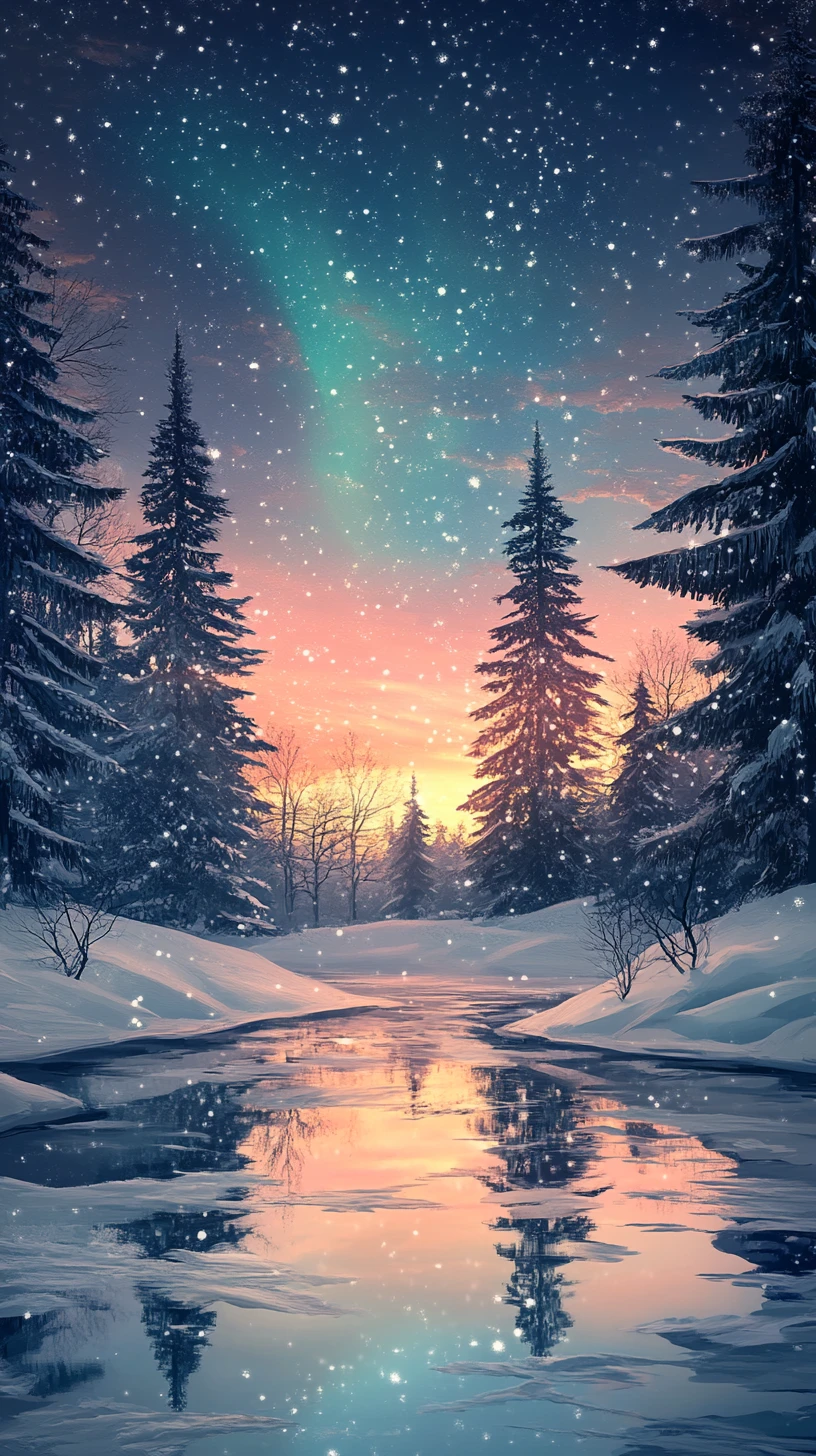 Serene winter forest river at dusk with soft aurora