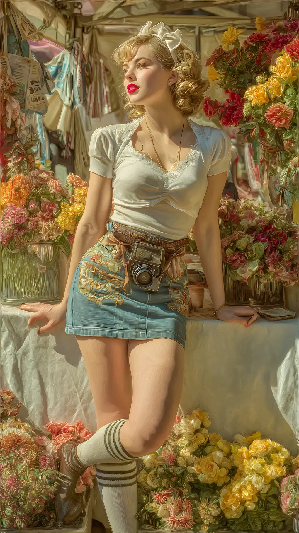 倚靠在陽光花攤旁的 Pin-up 月曆女孩