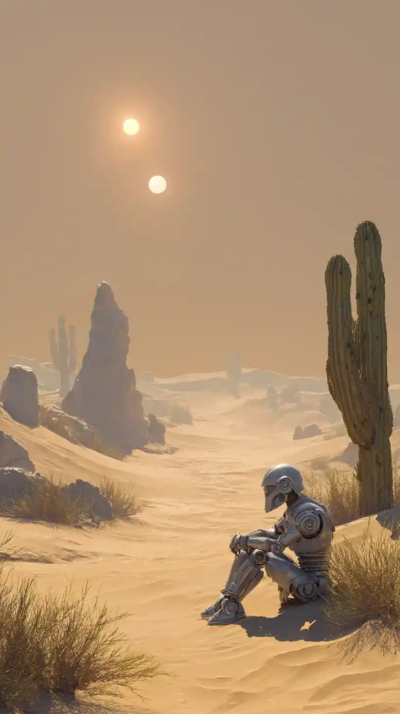 Lonely robot resting in a twin sun desert landscape