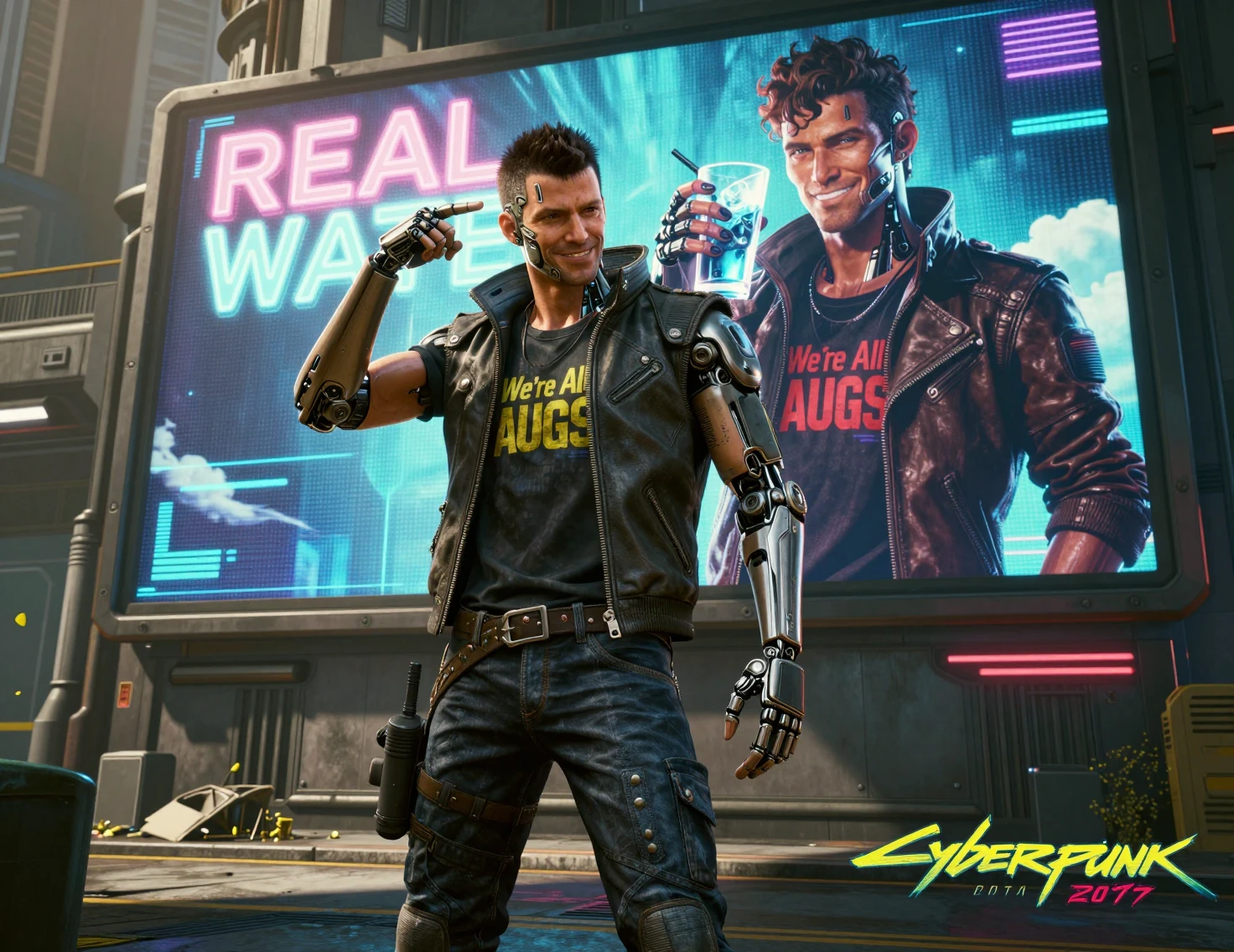 Ciborgue cyberpunk confiante posando em uma rua de cidade futurista