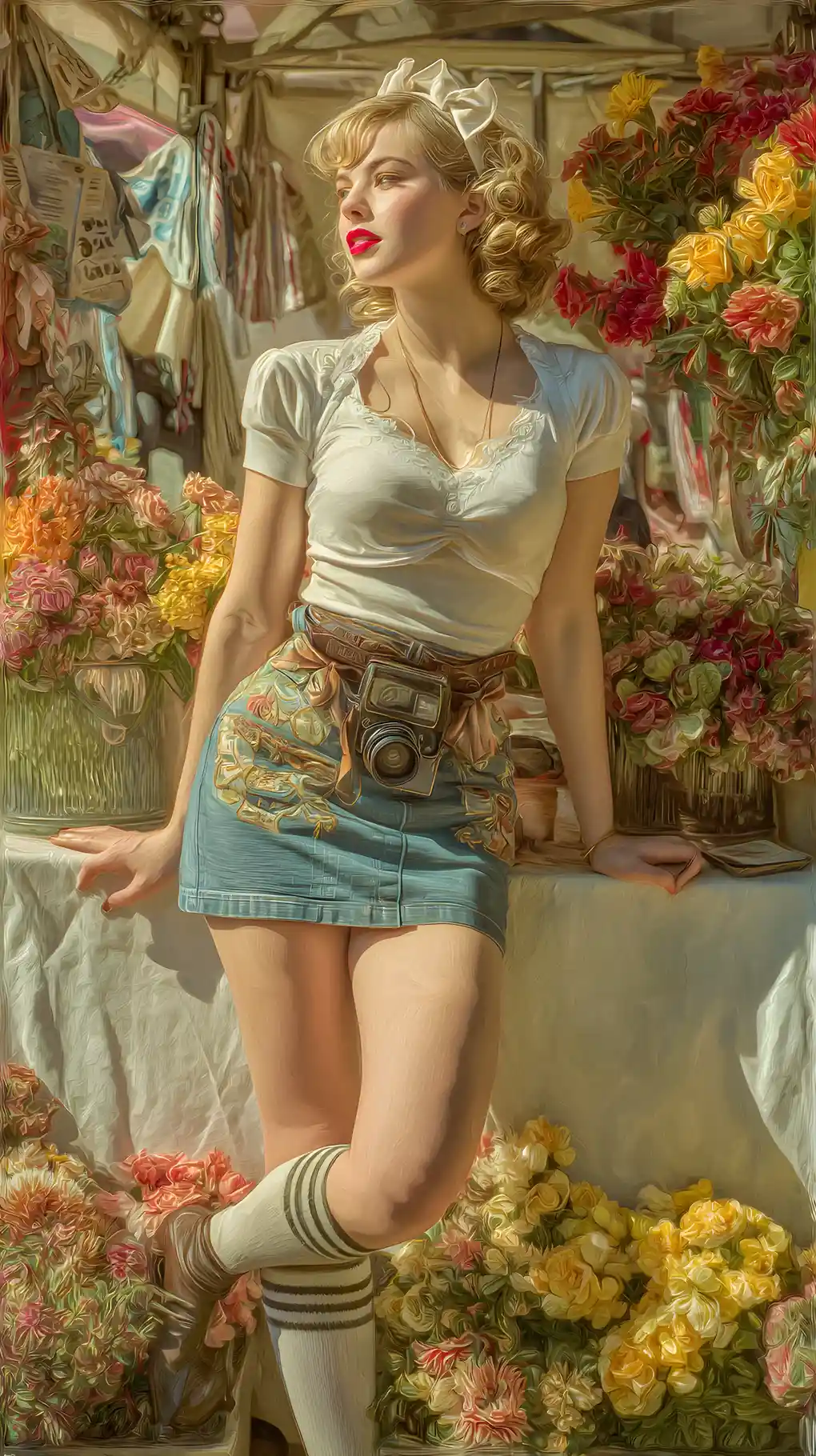 倚靠在陽光花攤旁的 Pin-up 月曆女孩