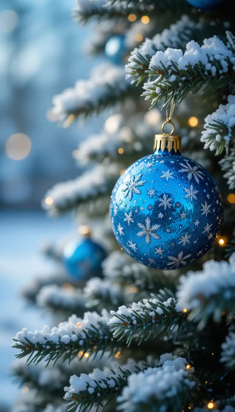 Decorazione natalizia blu su albero innevato con morbido bokeh