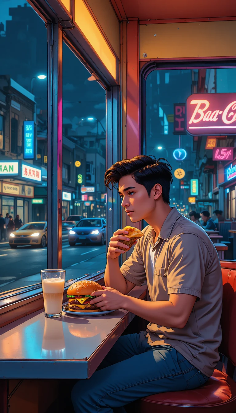 Young man eating burger at a bright midnight diner counter