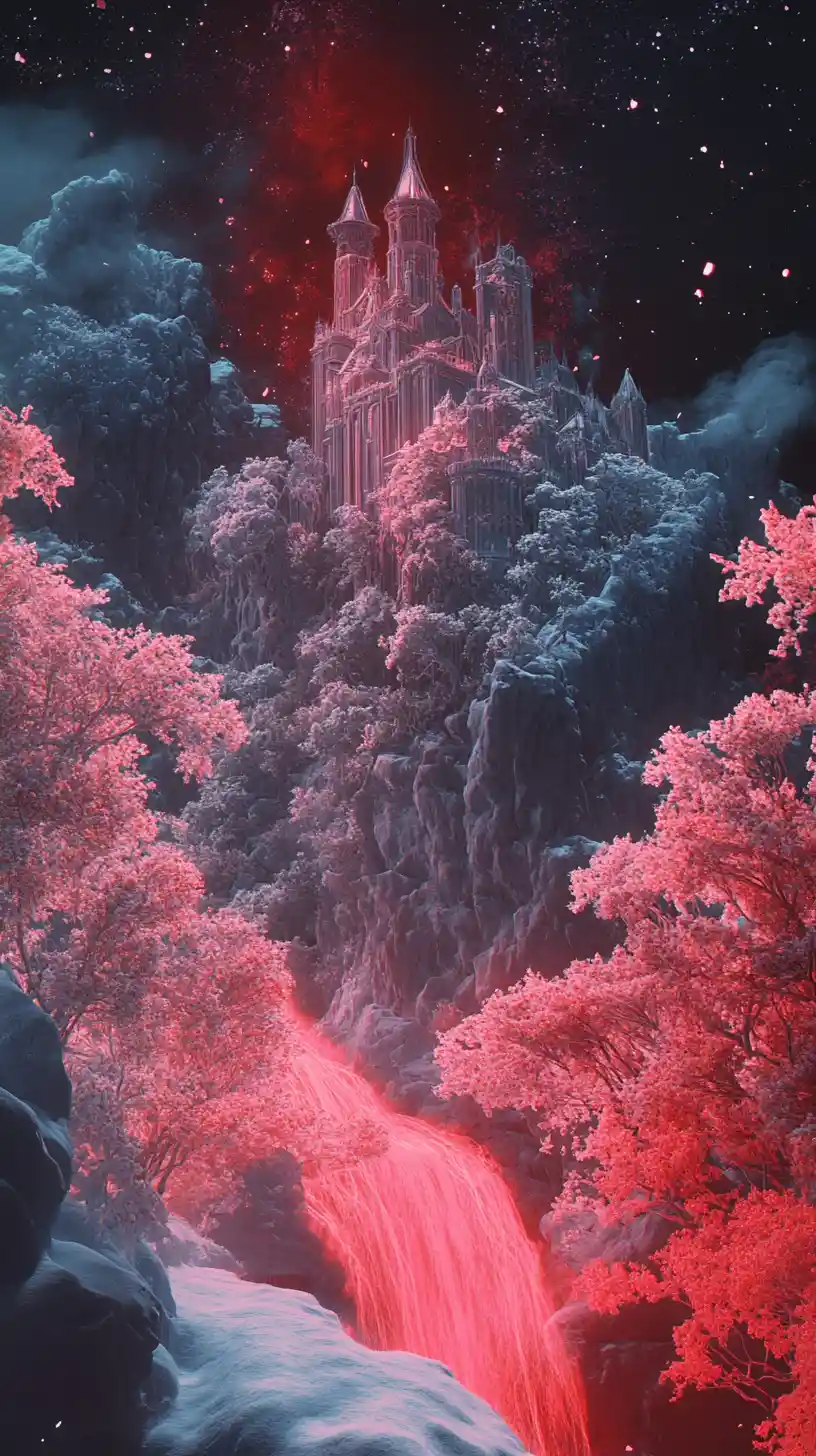 Palazzo fantasy innevato con cascate e alberi in fiore