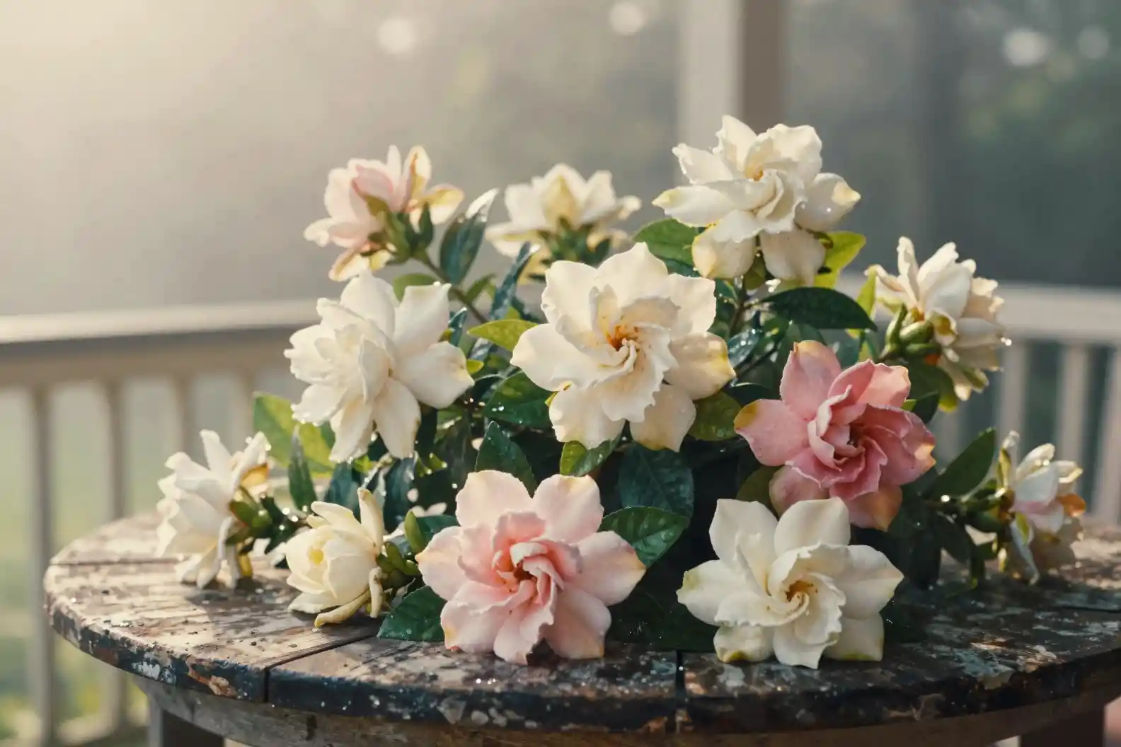 Composition de gardénias sur une table de porche dans une douce lumière du matin
