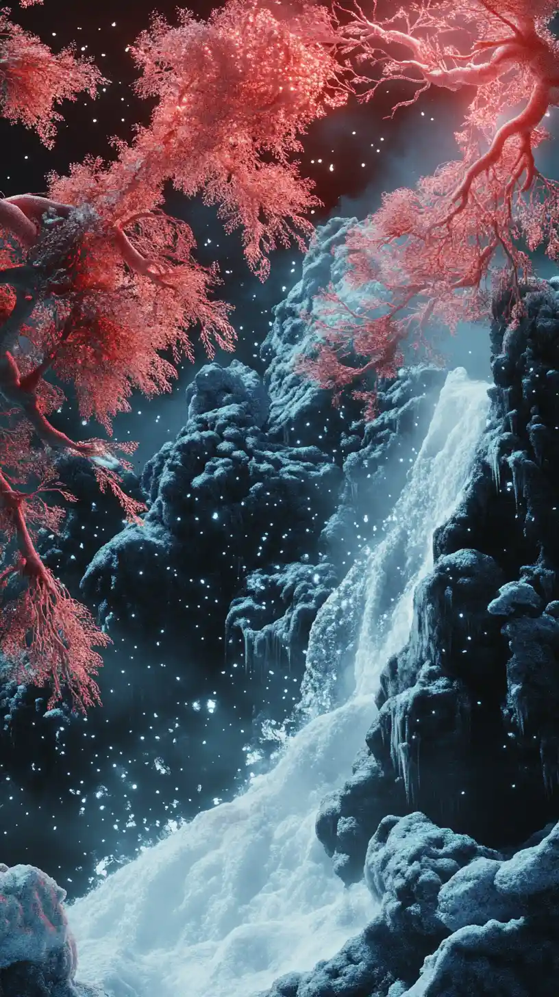 Snowy Japanese palace with waterfalls in a fantastical landscape