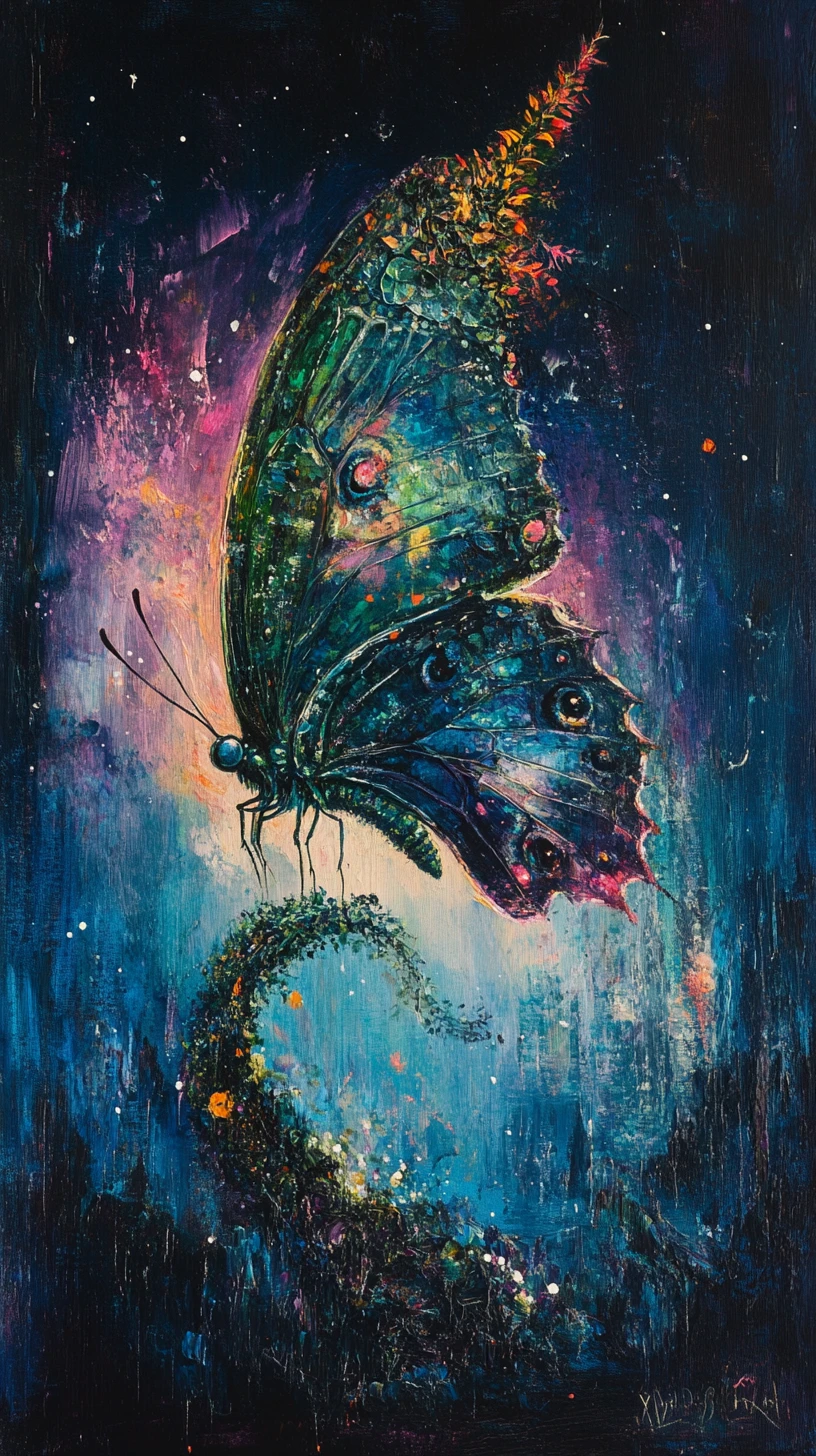Surreal botanical butterfly against expressive night sky