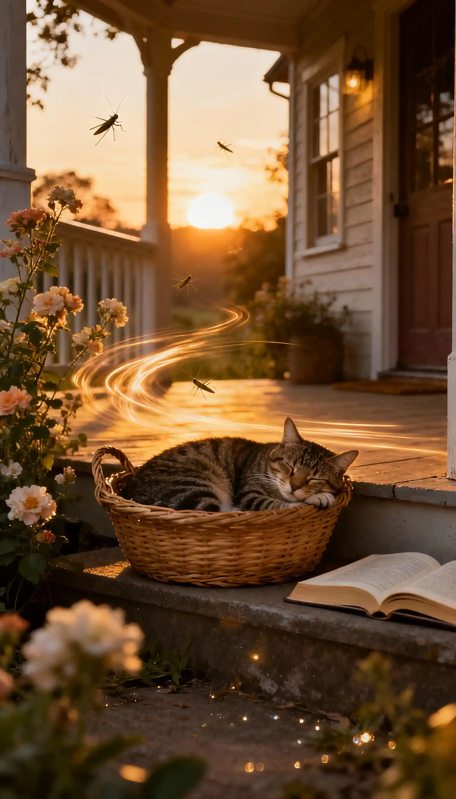 Tabby cat sleeping in a wicker basket at sunset